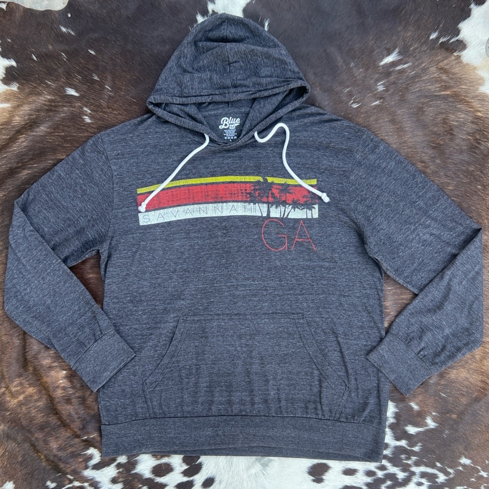 “Blue 84” Savannah, GA tourist beach graphic dark grey triblend striped hoodie